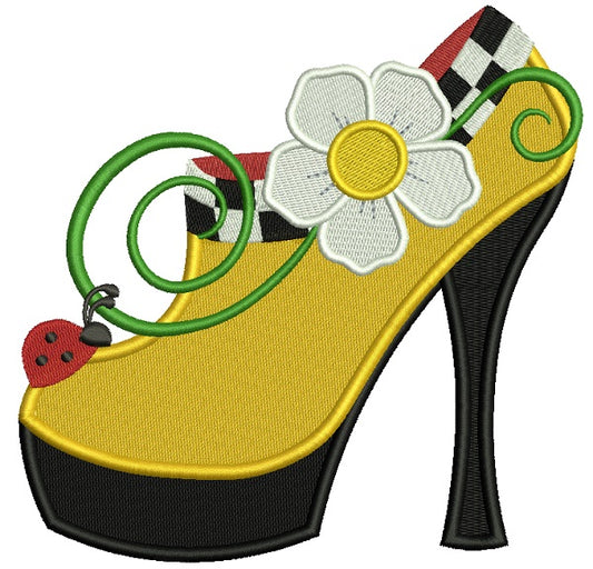 Lady's Shoe With Flower and Ladybug Filled Machine Embroidery Design Digitized Pattern