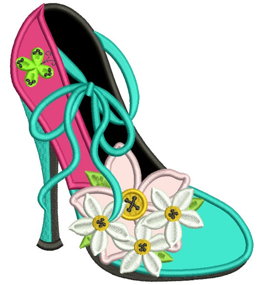 Lady's Shoe With Pretty Daisies Applique Machine Embroidery Design Digitized Pattern