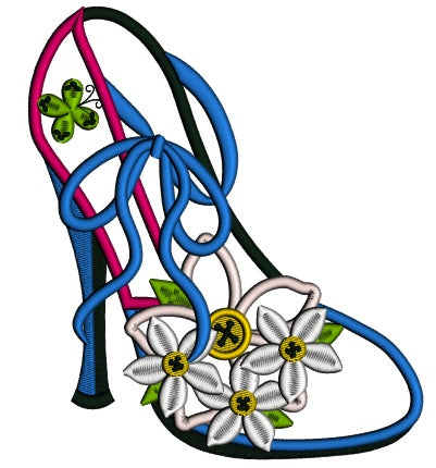 Lady's Shoe With Pretty Daisies Applique Machine Embroidery Design Digitized Pattern