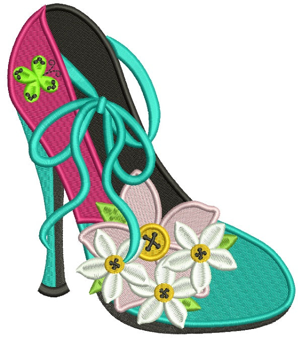 Lady's Shoe With Pretty Daisies Filled Machine Embroidery Design Digitized Pattern