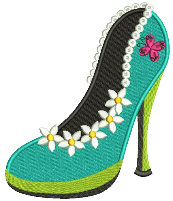 Lady's Shoe With Pretty Flowers Filled Machine Embroidery Design Digitized Pattern