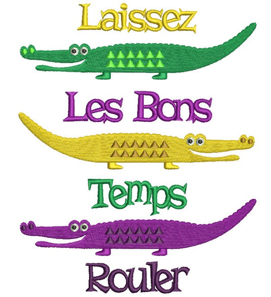 Laissez Les Bons Temps Rouler Mardi Grass Crocodiles Filled Machine Embroidery Design Digitized Pattern