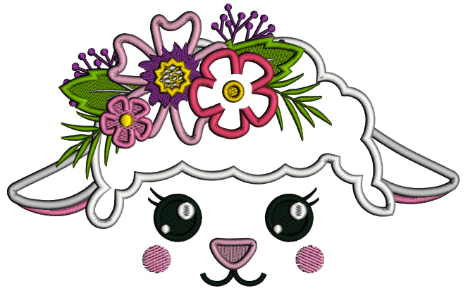 Lamb Head With Flowers Easter Applique Machine Embroidery Design Digitized Pattern