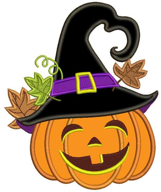 Laughing Pumpkin Wearing a Witch Hat Halloween Applique Machine Embroidery Design Digitized Pattern