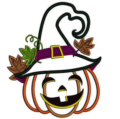 Laughing Pumpkin Wearing a Witch Hat Halloween Applique Machine Embroidery Design Digitized Pattern