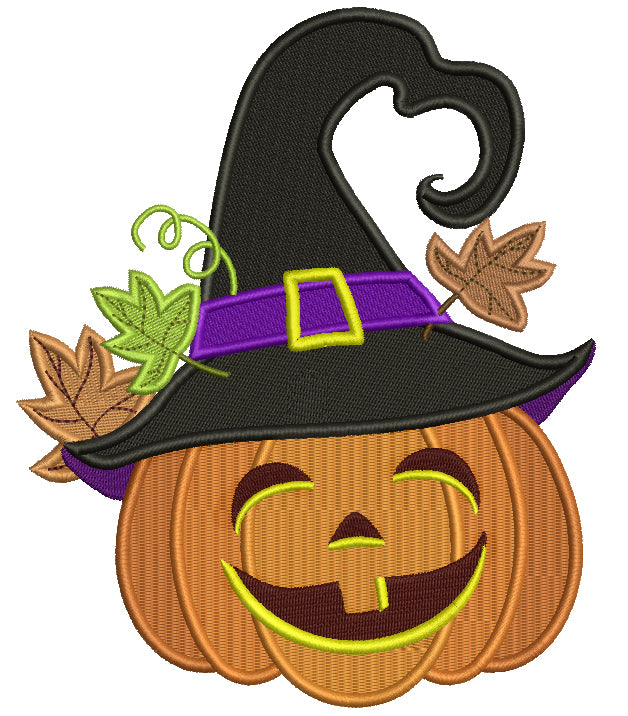 Laughing Pumpkin Wearing a Witch Hat Halloween Filled Machine Embroidery Design Digitized Pattern