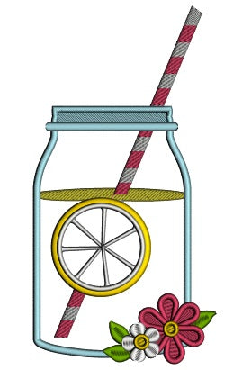 Lemonade Mason Jar With Flowers Applique Machine Embroidery Design Digitized Pattern