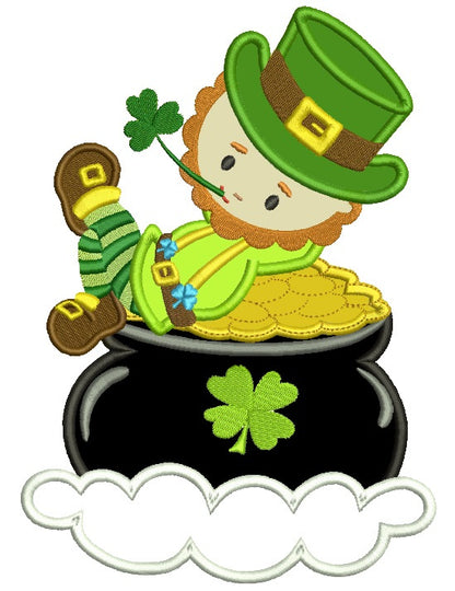 Leprechaun In a Pot of Gold Irish St Patrick's Day Applique Machine Embroidery Design Digitized Pattern