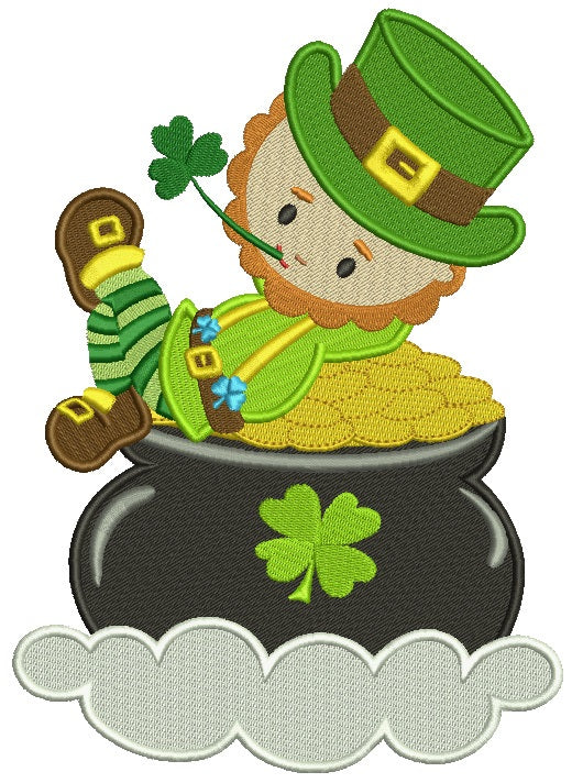 Leprechaun In a Pot of Gold Irish St Patrick's Day Filled Machine Embroidery Design Digitized Pattern