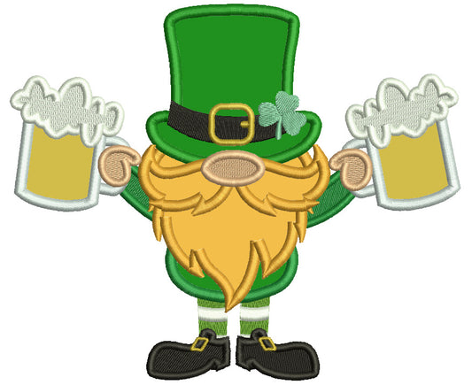 Lepricon Holding Two Pints Of Beer St. Patricks Day Applique Machine Embroidery Design Digitized Pattern