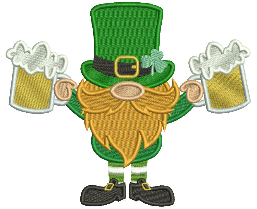 Lepricon Holding Two Pints Of Beer St. Patricks Day Filled Machine Embroidery Design Digitized Pattern