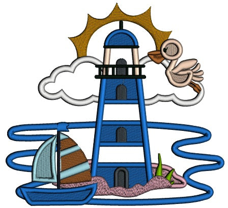 Lighthouse And a Sailboat Nautical Applique Machine Embroidery Design Digitized Pattern