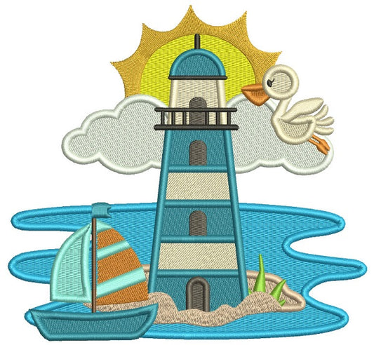 Lighthouse And a Sailboat Nautical Filled Machine Embroidery Design Digitized Pattern