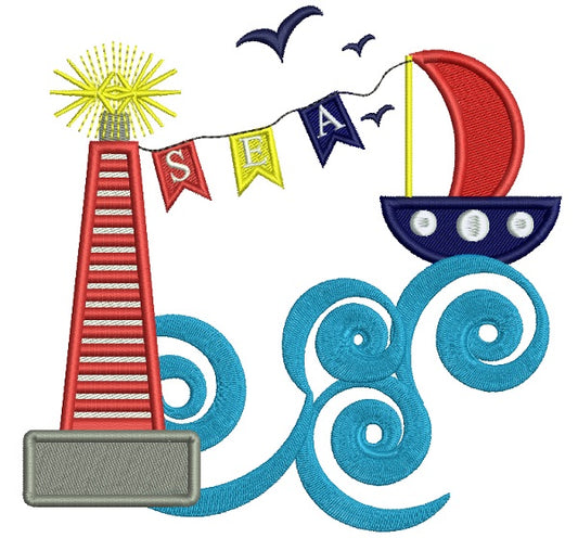 Lighthouse Sea Filled Machine Embroidery Design Digitized