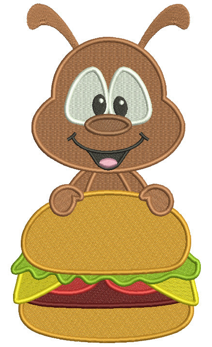 Little Ant Holding a Hamburger Filled Machine Embroidery Digitized Design Pattern