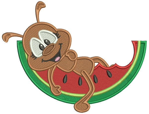 Little Ant Sitting Inside Watermelon Slice Filled Machine Embroidery Digitized Design Pattern