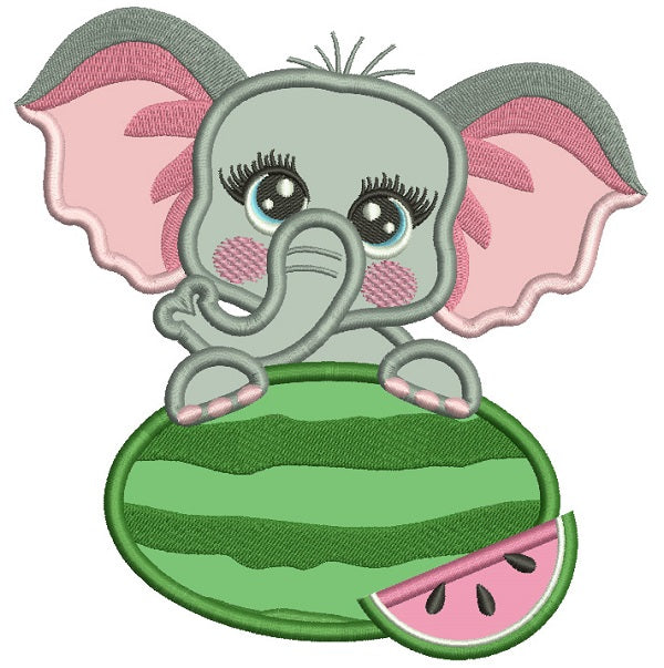 Little Baby Elephant Holding Watermelon Applique Machine Embroidery Digitized Design Pattern