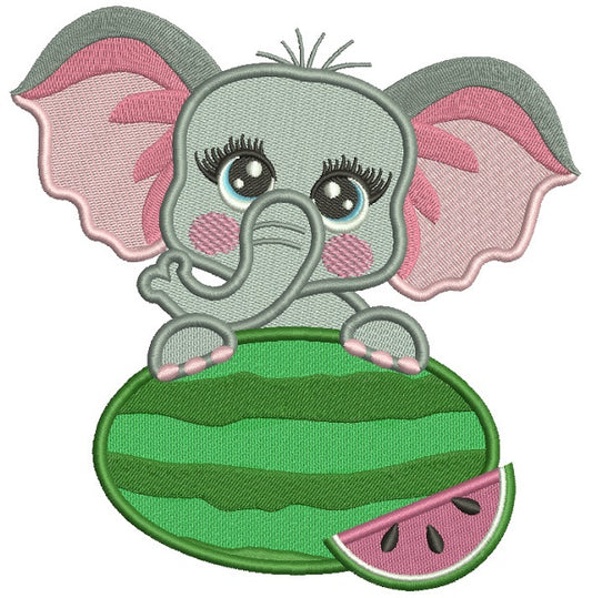 Little Baby Elephant Holding Watermelon Filled Machine Embroidery Digitized Design Pattern