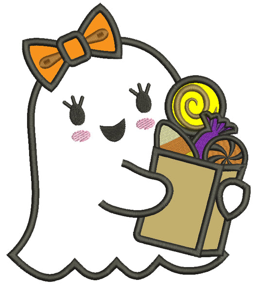Little Baby Ghost Trick Or Treating Halloween Applique Machine Embroidery Design Digitized Pattern
