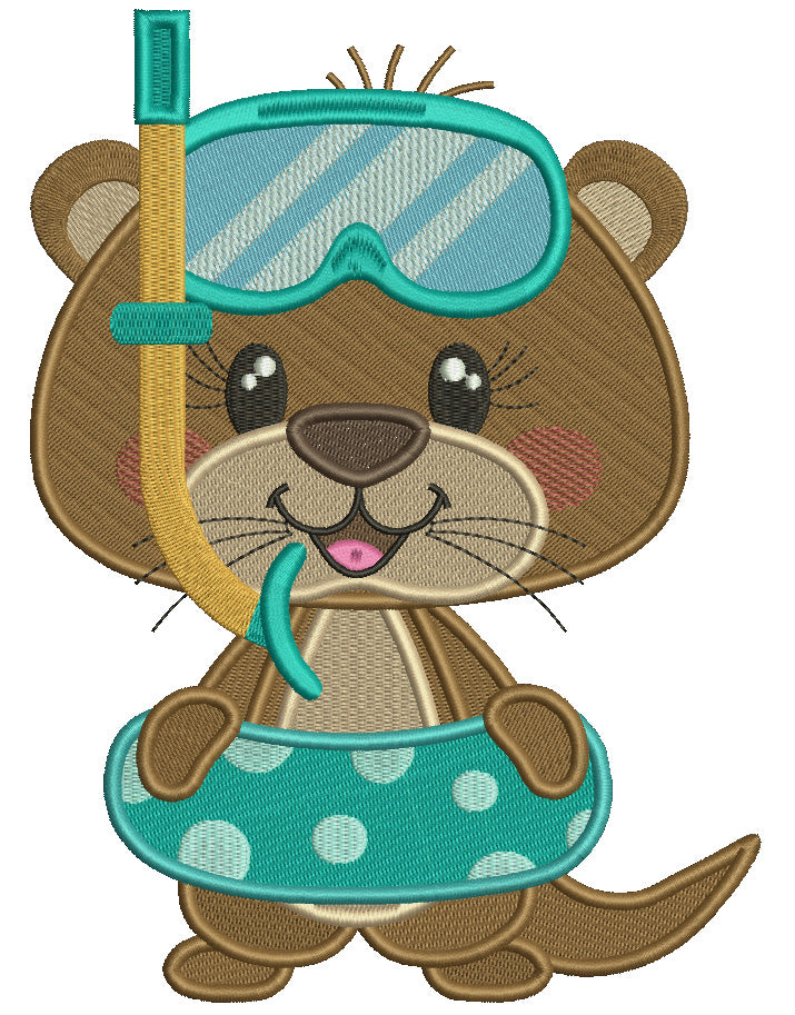 Little Baby Otter Wearing Swimming Mask Filled Machine Embroidery Design Digitized Pattern