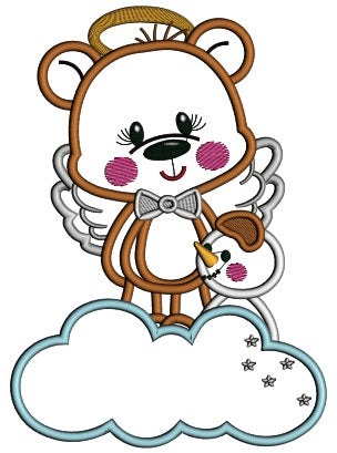 Little Bear ANgel On The Cloud With a Snowman Applique Christmas Machine Embroidery Design Digitized Pattern
