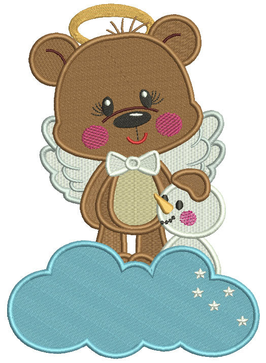 Little Bear ANgel On The Cloud With a Snowman Filled Christmas Machine Embroidery Design Digitized Pattern