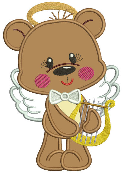 Little Bear Angel Playing Harp Applique Machine Embroidery Design Digitized Pattern
