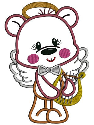 Little Bear Angel Playing Harp Applique Machine Embroidery Design Digitized Pattern