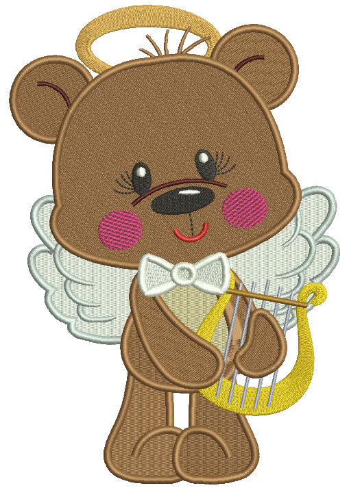 Little Bear Angel Playing Harp Filled Machine Embroidery Design Digitized Pattern