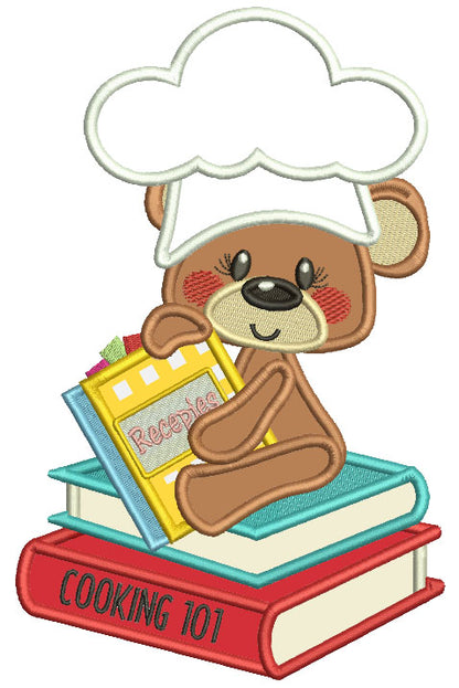 Little Bear Cook Sitting On The Recipe Book Applique Machine Embroidery Design Digitized Pattern