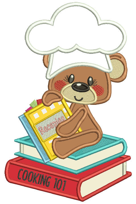 Little Bear Cook Sitting On The Recipe Book Applique Machine Embroidery Design Digitized Pattern
