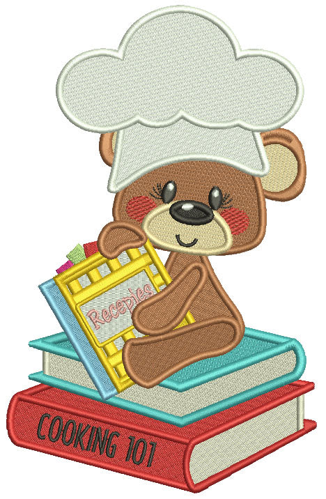 Little Bear Cook Sitting On The Recipe Book Filled Machine Embroidery Design Digitized Pattern