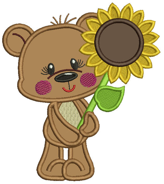 Little Bear Girl Holding Sunflower Thanksgiving Applique Machine Embroidery Design Digitized Pattern