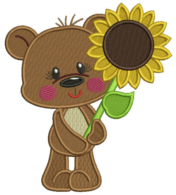 Little Bear Girl Holding Sunflower Thanksgiving Filled Machine Embroidery Design Digitized Pattern