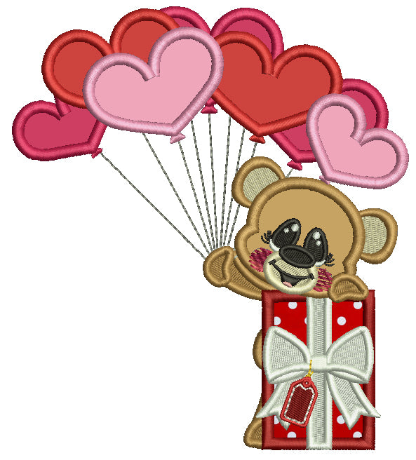 Little Bear Holding Heart Shaped Balloons Next To Gift Box Applique Machine Embroidery Design Digitized Pattern