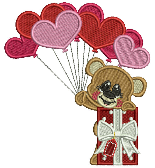 Little Bear Holding Heart Shaped Balloons Next To Gift Box Filled Machine Embroidery Design Digitized Pattern