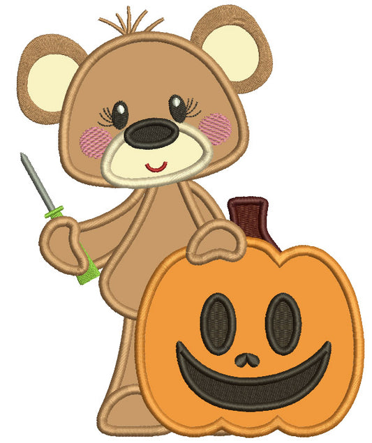 Little Bear Holding Screwdriver With a Pumpkin Applique Machine Embroidery Design Digitized Pattern