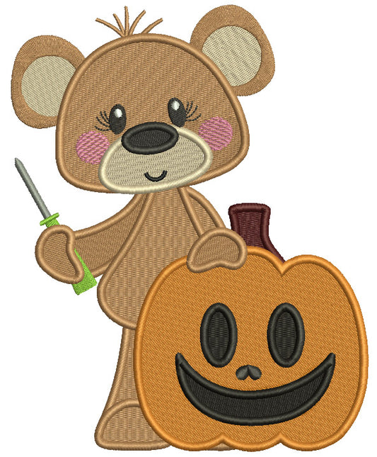Little Bear Holding Screwdriver With a Pumpkin Filled Machine Embroidery Design Digitized Pattern