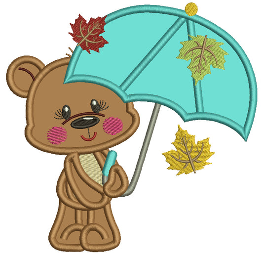 Little Bear Holding a Big Umbrella Fall Applique Machine Embroidery Design Digitized Pattern
