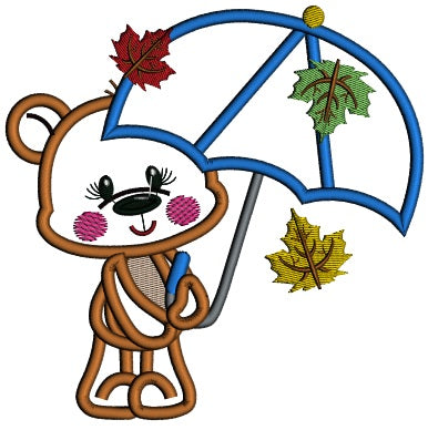 Little Bear Holding a Big Umbrella Fall Applique Machine Embroidery Design Digitized Pattern