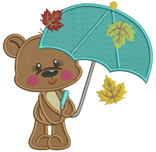 Little Bear Holding a Big Umbrella Fall Filled Machine Embroidery Design Digitized Pattern
