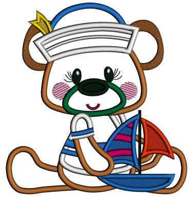 Little Bear Playing With Sailboat Marine Applique Machine Embroidery Design Digitized Pattern