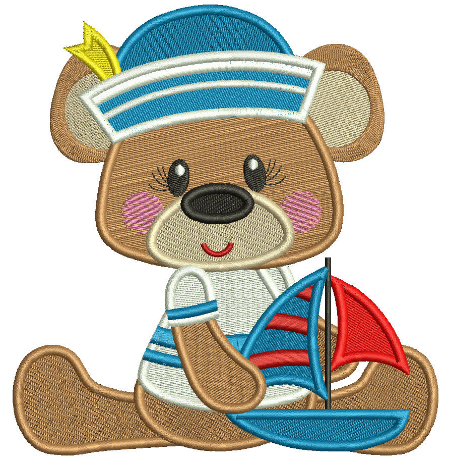 Little Bear Playing With Sailboat Marine Filled Machine Embroidery Design Digitized Pattern