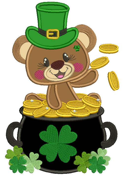 Little Bear Sitting In The Pot Full Of Gold St. Patrick's Applique Machine Embroidery Design Digitized Pattern