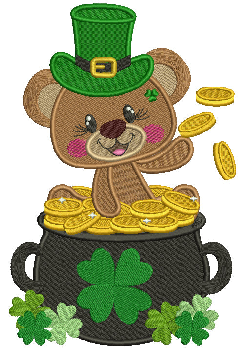 Little Bear Sitting In The Pot Full Of Gold St. Patrick's Filled Machine Embroidery Design Digitized Pattern
