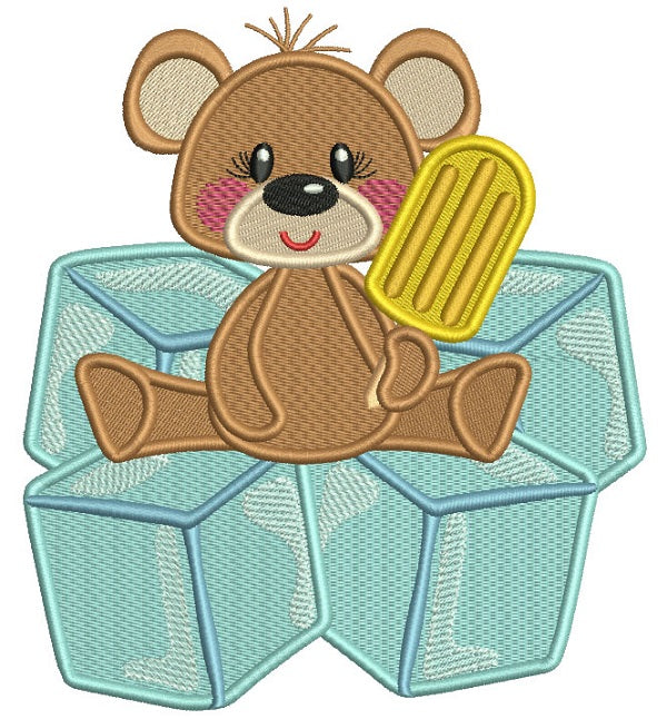 Little Bear Sitting On Cubes Filled Machine Embroidery Digitized Design Pattern