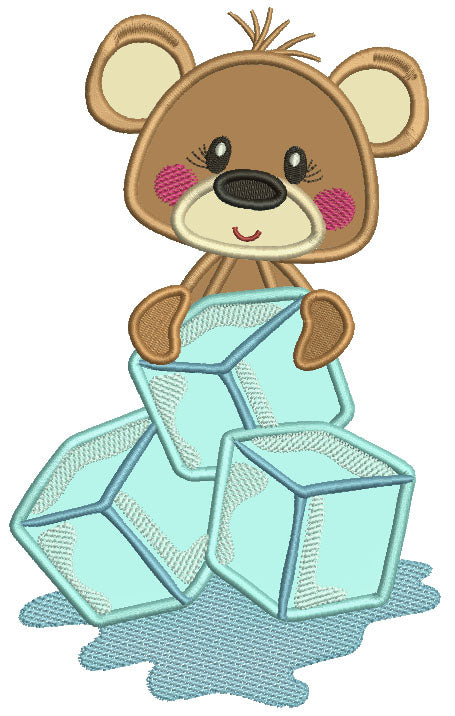 Little Bear Sitting On Ice Cubes Applique Machine Embroidery Digitized Design Pattern