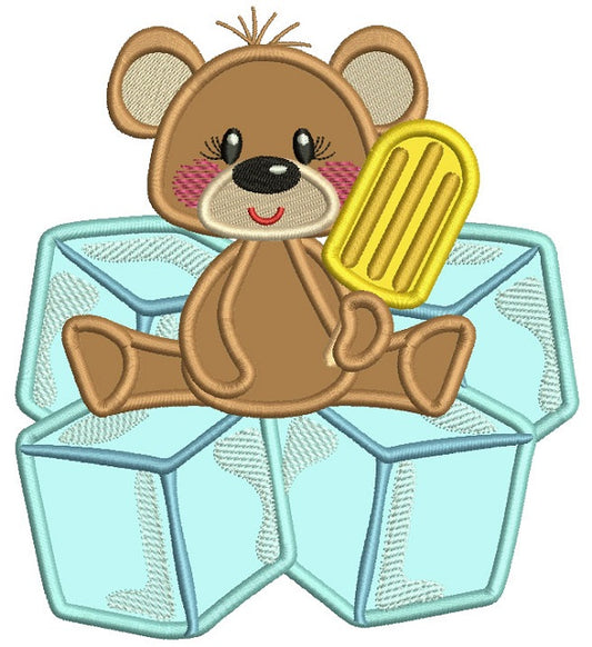 Little Bear Sitting On Cubes Applique Machine Embroidery Digitized Design Pattern