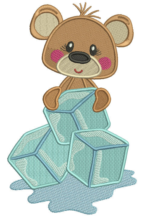 Little Bear Sitting On Ice Cubes Filled Machine Embroidery Digitized Design Pattern
