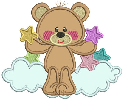 Little Bear Sitting On The Cloud Holding Stars Applique Machine Embroidery Design Digitized Pattern